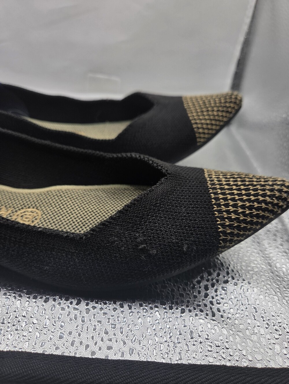 Rothys Black Pointed Toe Knit Flats with Gold Accent - Picture 5 of 9